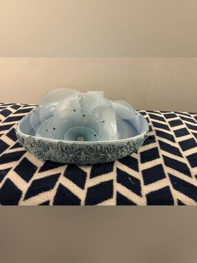 Light Blue Floral Decorative Hat with Netting and Rhinestones